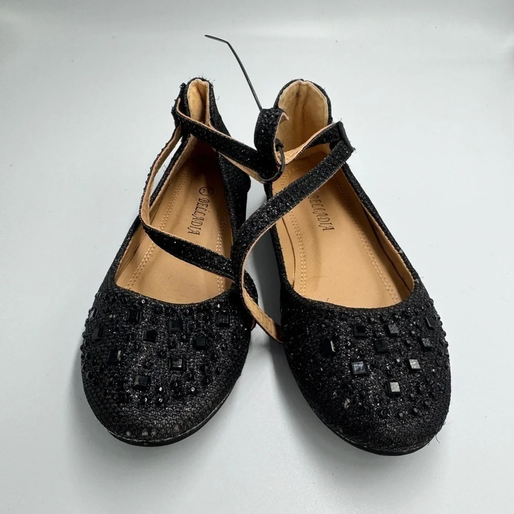 Belladia Toddler Girl Size 11 Chic Black Kids Gem Stone Dress Shoes with Straps